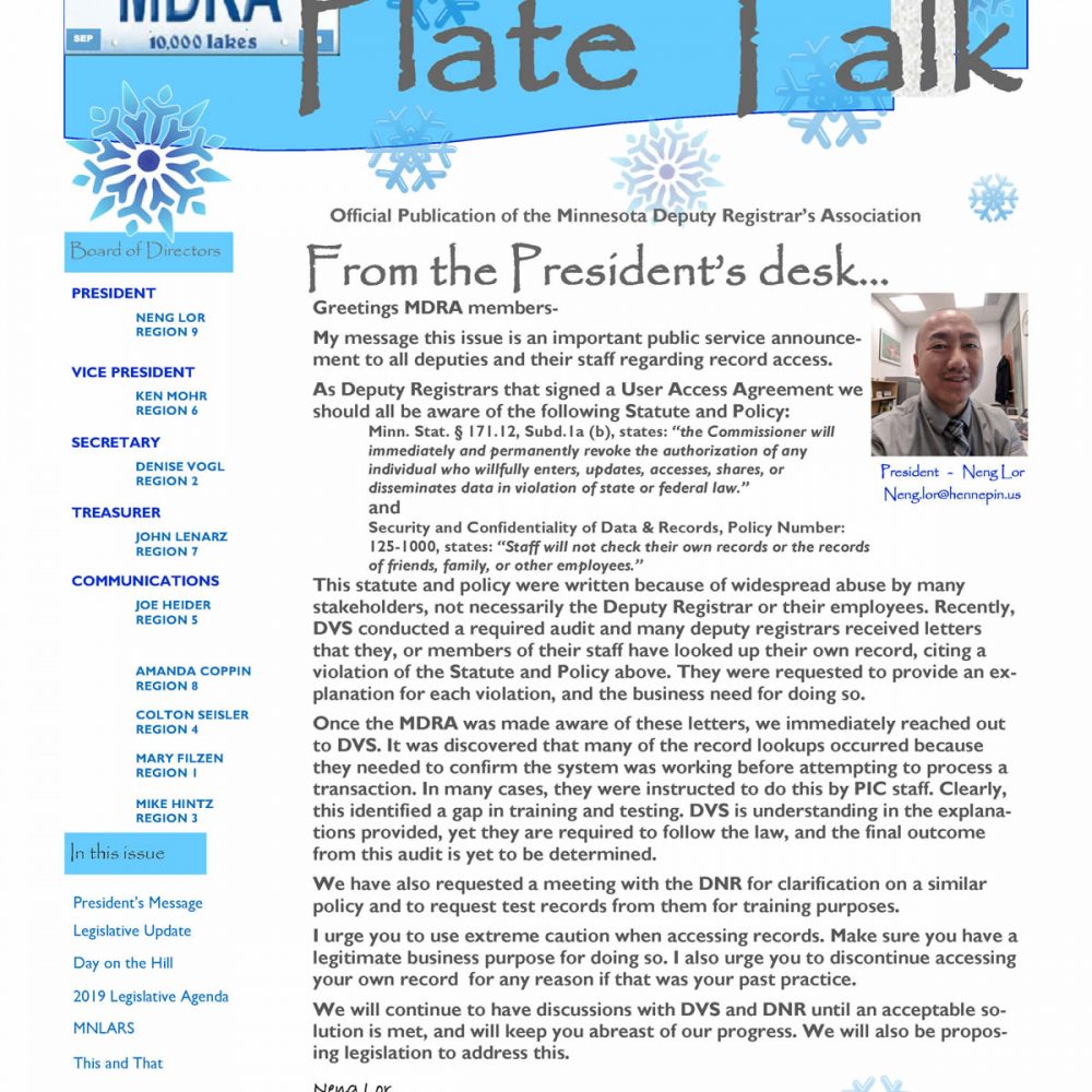 Plate Talk January 2019 Edition